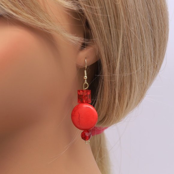 3 Piece Set Necklace Bracelet Earrings Red Howlite Crystals Red Glass Beads - Picture 4 of 10